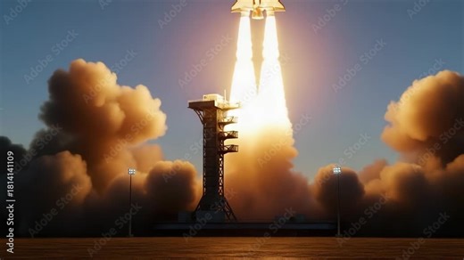 Rocket blasting off, billowing smoke, blue sky