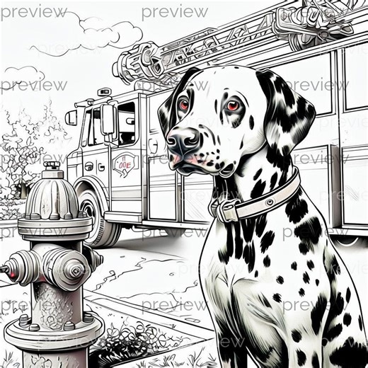 Dalmatian Dog in Front of Fire Hydrant With Fire Truck - Playful Cartoon Illustration for Instant Download - Etsy