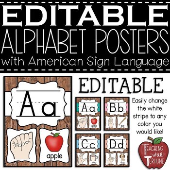 Alphabet Posters with ASL Hand Signs | Farmhouse Theme | Manuscript | EDITABLE