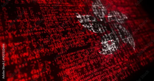 Hong Kong flag waving secure code. China blowing banner cyber security attack and hack concept animation.