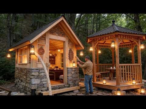 Full Build: Rustic Timber Cabin with Gazebo Deep in the Forest