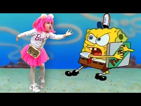 Barbie trying to get a pizza from Spongebob
