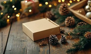 Christmas mockup of a blank gift box on a rustic wooden table, with holiday decorations, pinecones, and a warm, festive atmosphere