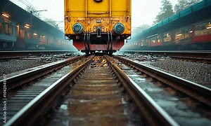 Close-up of rusty train tracks with a train in the background.