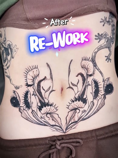 Re-Worked this tattoo of venus fly traps on my clients stomach. Added some much needed contrast and details. She's happy, and that makes me happy. Thanks for trusting me with this. Looking forward to working on more tattoos for you. DM me if you'd like me to help you fix an old tattoo aswell. #tattoo #tattooartist #tattoorework #venusflytrap #stomachtattoo