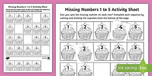 Cake-Themed Cut and Stick Missing Numbers 1 to 5 Worksheet