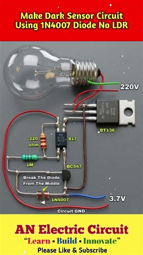 Make Dark Sensor Circuit Using 1N4007 Diode No LDR #trending #electrical