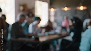 blurred cafe with customers in busy coffee shop bustling with activity background copy space intro 4k footage