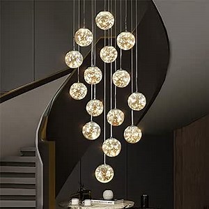 Long Chandeliers for High Ceilings,Modern 15 Crystal Balls Pendant Light,Globe Raindrop Drop Lamp,Hanging Flush Mount Lighting Fixtures for Spiral Staircase,Foyer,Entryway,Liv(Color:champagne)