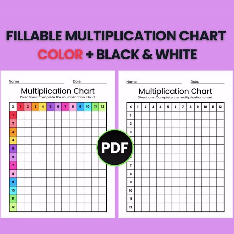 Fillable Multiplication Chart Color & Black and White - Etsy