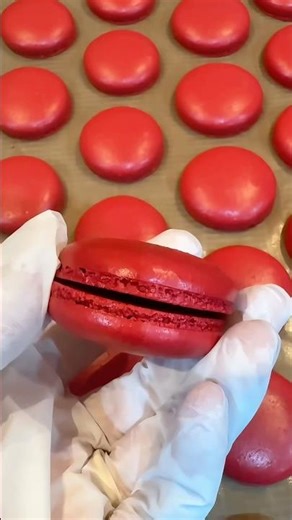 Red macaron shells, piped with control.