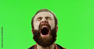 Close up of the emotional man with a beard screaming and making a wry face on the green screen background. Chroma key.