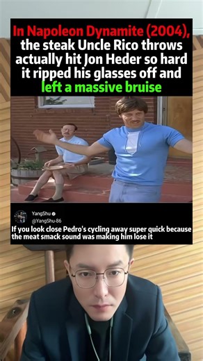 In Napoleon Dynamite (2004), Uncle Rico’s steak throw actually hit Jon Heder for real