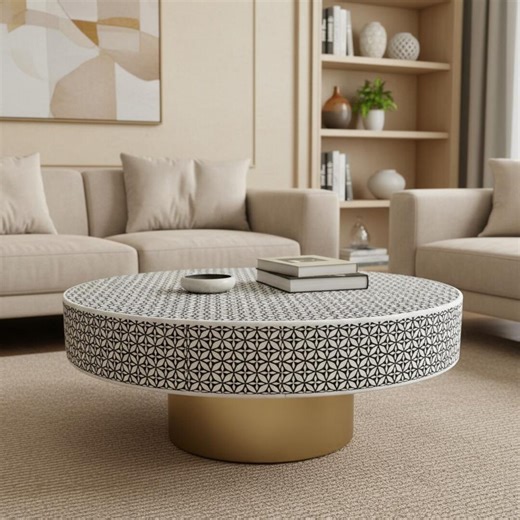 Round Bone Inlay Coffee Table – Black White Geometric Pattern, Gold Metal Base - Etsy