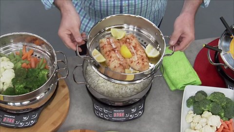 Nuwave 18/8 Stainless Steel Ultimate Cookware Set, Free of PTFE, PFOA, PFOS, Fondue Pot Set, Works On ALL Cooktops and Induction Cookers, Steamer Basket, Glass Lid & 8 Fondue Forks Included (Renewed)