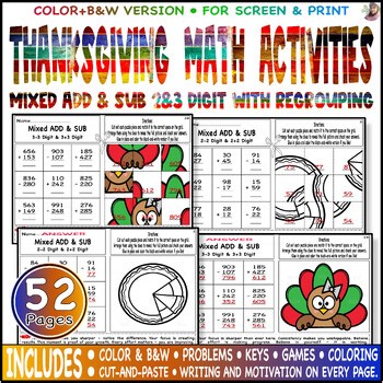 Mixed Add & Subtract 2 & 3 Digit with regrouping | Thanksgiving Math Activities.