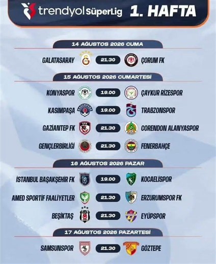 Trendyol Süper Lig 1.Haftanın Fikstürü #futbolsaati #footballtime #keşfet #fyp