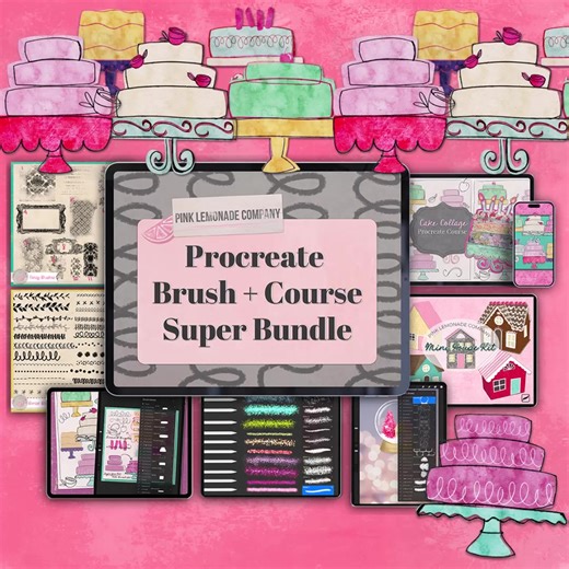 Making cakes in Procreate is one of my favorite things ever (seriously, it feels like playtime). 🧁 Inside the Procreate Super Bundle, you’ll get my Cake Collage course plus a whole stash of other brushes, textures, and templates I’ve made along the way. It’s like baking a cake… and then realizing your kitchen’s already stocked with sprinkles, icing, and a dozen extra recipes to try. 🩷 | Pink Lemonade Company