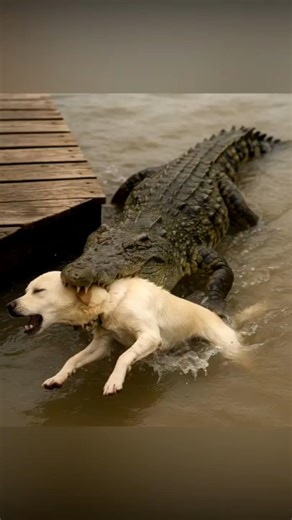 A crocodile kills a dog on a pier