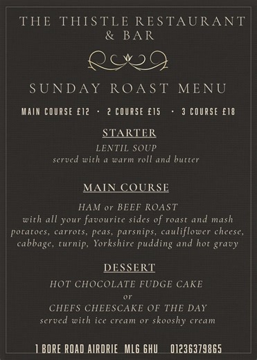Sunday Kitchen Open 12pm - 7/8pm Sunday Roast, an All Day Breakfast or a hot home cooked meal from our menu… 1 Bore Road ML6 6HU 01236379865 @top fans Legends Bar Airdrie #foodie #sundayroast | The Thistle Bar Airdrie