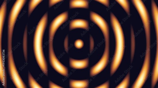 Abstract golden glowing concentric circles radiating with vertical bar pattern motion background