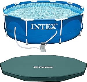 Intex Metal Frame 10ft x 30in Round Above Ground Outdoor Swimming Pool Set with 330 GPH Filter Pump, Cartridge, and Protective Round Pool Cover