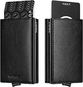 VULKIT Pop up Card Wallet Minimalist Cash Wallets RFID Blocking Leather Smart Credit Card Holder with ID window for Men(Black)