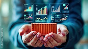 Hands holding orange shipping container with digital logistics dashboard above. Supply chain analytics visualization with freight performance metrics, cargo tracking data, and trade Stock Video