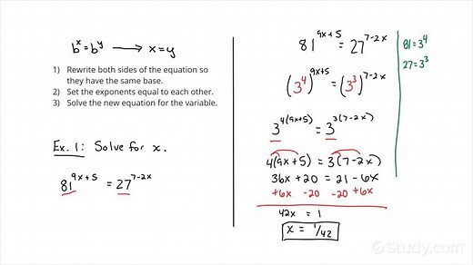 Solving an Exponential Equation by Finding Common Bases for Linear Exponents | Algebra | Study.com