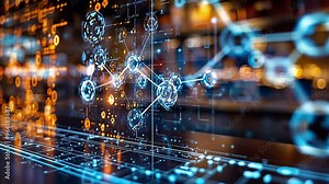 An intricate visualization of a digital network with interconnected nodes highlighted in blue and orange, creating a dynamic representation of data flow.