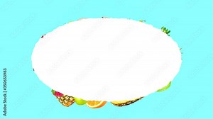 Creative 4k stop motion animation of many different fruits flying from the center and slowing down around a beautiful oval frame with space for text and flying fast. Fruit explosion on a blue.