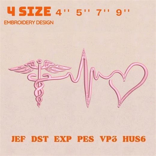 Nurse Medical Heartbeat Embroidery Design With Caduceus, Cute Nurse Line Art Medical Machine Embroidery File, Nurse Love Embroidery - Etsy