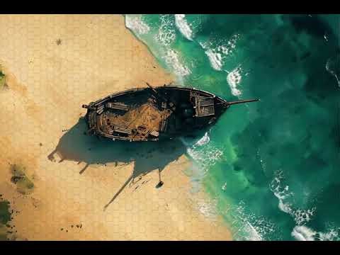 DnD compatible animated map _ Old Boat on Serene Beach _ hex grid _ ambience for VTT