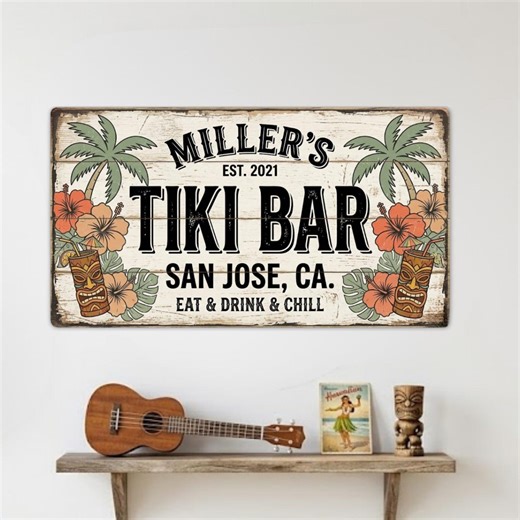 Custom Tiki Bar Metal Sign, Personalized Family Name Beach Decor, Tropical Metal Wall Art, Luau Sign - Etsy