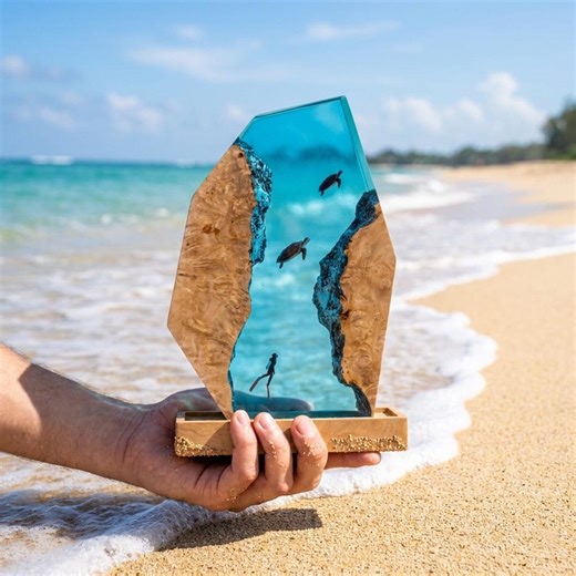 Ocean Resin Lamp With Sea Turtle, Epoxy Wood Night Light, Underwater Diver Table Lamp, Coastal Beach House Decor, Scuba Diver Epoxy Lamp - Etsy