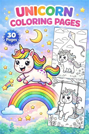 30 Unicorn Coloring Pages for Kids, Magical Fantasy Designs (PDF PNG) - Etsy