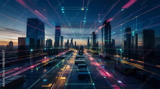 Futuristic City scape With Neon Lights And Digital Networks At Dusk In Metropolitan Downtown 4K Ai HD high quality video.