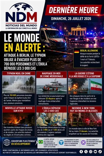 Allemagne NDM | Dernière heure Au moins un mort et 17 blessés après un massacre lors du défilé de la fierté LGBTQ  à Berlin Samedi 25 juillet 2026. Berlin, Allemagne. Au moins une personne a été tuée et 17 autres blessées, dont plusieurs grièvement, après qu'un véhicule ait percuté une foule lors des célébrations du Christopher Street Day (CSD), le principal défilé de la fierté LGBTQ  à Berlin. Selon des informations confirmées par les autorités allemandes, l'incident s'est produit à proximité d