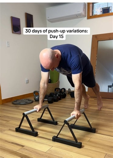 Day 15 of 30 days of push-up variations. These parallette push- ups are essentially a deeper deficit push-up, requiring greater strength at the end range of motion. Be gentle and ease your way into them 💪 #pushupvariations #bodyweighttraining #homeexercise #30daychallenge