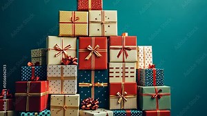 Stacked gift boxes arranged in a perfect pyramid, each box featuring sharp, geometric designs and festive colors. . Video