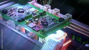 Electronic circuit board production. Automated Circut Board machine Produces Printed digital electronic board. Electronics contract manufacturing. Manufacture of electronic chips. High-tech.