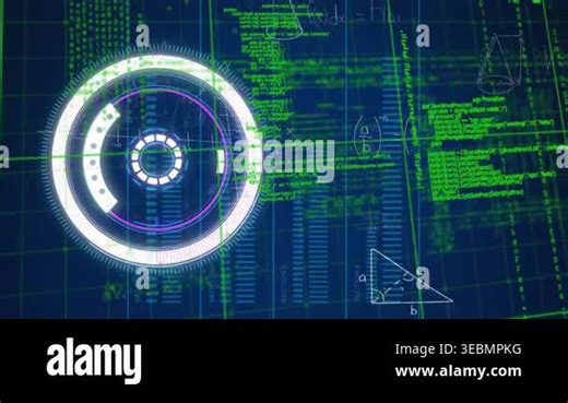 Animation of neon round scanner, data processing and mathematical equations on blue background. Computer interface and business technology concept Stock Video Footage - Alamy