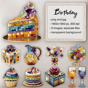 Birthday Celebration, Gemstone Mosaic Figurines, Cake, Presents, Balloons, Flowers, Transparent Background, Png, Clip Art, Digital Mosaic - Etsy Canada