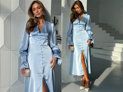 Blue Silk Midi Dress Wedding Guest Elegant Long Sleeve Formal Day Dress With V Neck and Statement Sleeves - Etsy