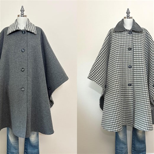 Vintage 70s Reversible Wool Cape, Heather Grey Gingham Check Wool Poncho, Winter Coat, Walking Cape - Etsy