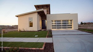 Rising from Street to Show Modern Southwestern Home. camera rises from the front road to reveal modern southwestern home during sunrise. Unique style for the area.