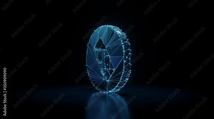 3d rendering seamless loop 4k rotation wireframe neon glowing symbol of inverse up and down arrows in circle with shining dots on black background with blured reflection on floor