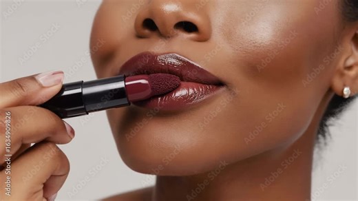 Close-up image of a dark red lipstick being applied to the lips of an African American woman, emphasizing the texture and shine of the lip color. Video made using Generative AI.