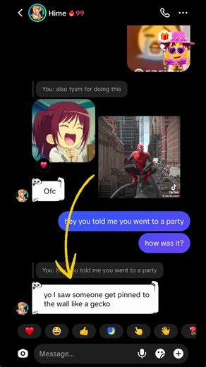 @Hime i almost forgot to mention it, tom holland was at the party, a black dude pinned him against the wall like a GECKO and thats how miles morales was born 😂😂😂 #tomholland #spiderman #howmilesmoraleswasborn #tomhollandwasattheparty #gecko