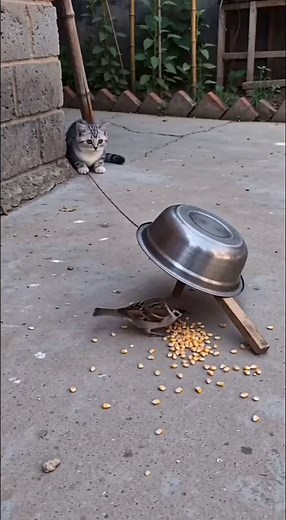 Kitten Tries to Catch a Sparrow: A Funny Encounter